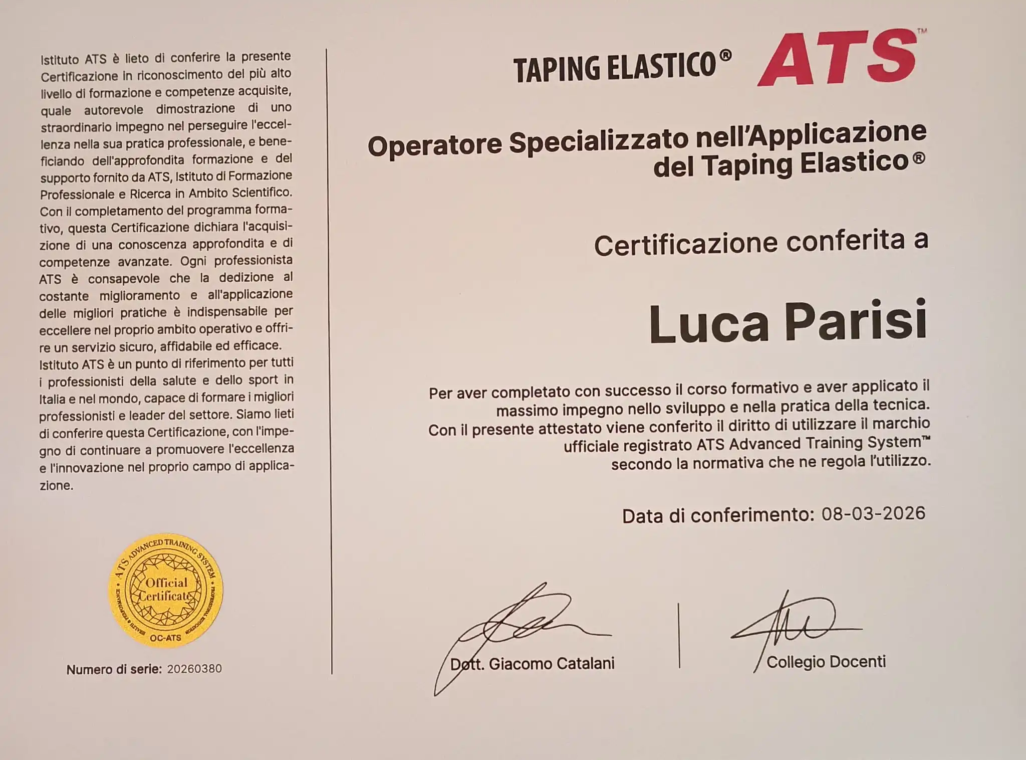 Diploma ats di operatore Taping Elastico Luca Parisi
